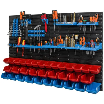 Produktbild von 33 Stapelboxen Wandregal Kunststoff 115,8 x 78 cm Werkzeughalter Werkstatt Garage  Lagersystem Sichtlagerkästen Schütte