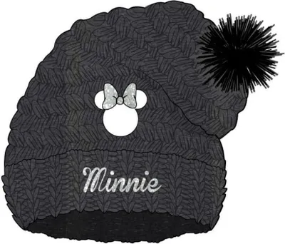 Produktbild von Warme Minnie Mouse Strickmütze mit Bommel / Pompons, Bommelmütze, grau mit Schriftzug, 56