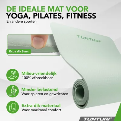 Productafbeelding van Tunturi Yoga Mat 8mm - Pilates mat - Extra dikke fitness mat - 183x61x0,8 cm - Incl Draagtas - Ecologisch materiaal - Eenvoudig te reinigen - Mint