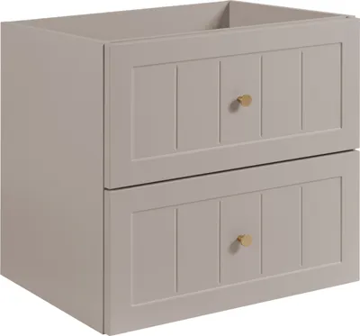 A beige bathroom cabinet with two drawers.