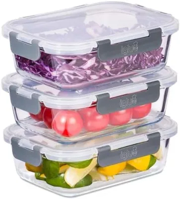 Produktbild von PolkaHome® Glas-Mahlzeitbehälter 3er-Set, 1050 ml, luftdicht & auslaufsicher, BPA-frei, Borosilikatglas, Snap-Lock-Deckel