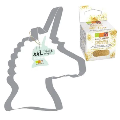 Produktbild von XXL Edelstahl Ausstechform Einhorn + Goldene lebensmittelglitzer