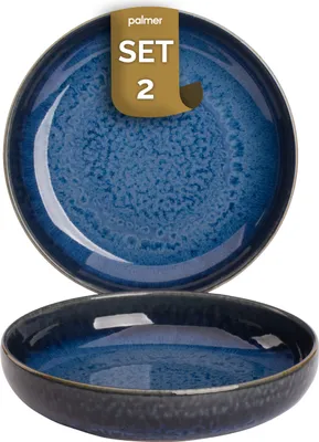 Produktbild von palmer Jory Schale flach - 2er-Set, Steingut, Ø 22 cm, blau braun, hoch glänzend, moderner Stil, für Pasta, Suppe oder als Obstschale, stapelbar, spülmaschinenfest