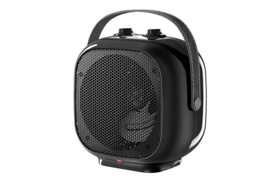 A black portable heater with a handle is shown against a white background.