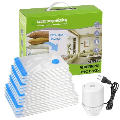 Produktbild von Vakuumbeutel für Kleidung mit Pumpe 12er Set, 4 Größen 100x80cm, 80x60cm, 70x50cm, 60x40cm, Jeweils 3 Stück, Vakuumbeutel Wiederverwendbar