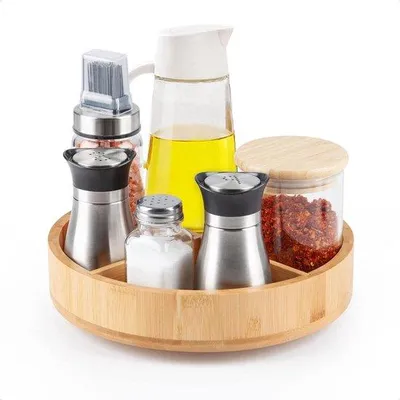 Imagen del producto de Organizador giratorio de bambú con estante para hierbas y superficie de almacenamiento ajustable, ideal para la cocina