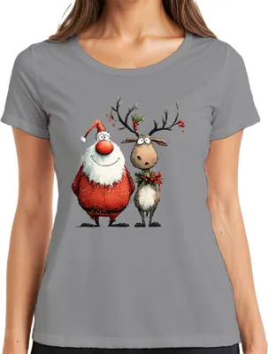 Produktbild von Lustiger Weihnachtsmann und Rentier Cartoon Weihnachten Geschenk Damen T-Shirt, Grau, L