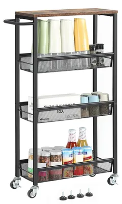 Produktbild von Schmaler Rollwagen, 42 x 18,5 x 76 cm, 4 Ablagen, Küchenwagen aus Metall mit Holzplatte, platzsparender Aufbewahrungswagen für kleine Räume in Küche, Esszimmer, Bad oder Wohnzimmer, Vintage-Braun