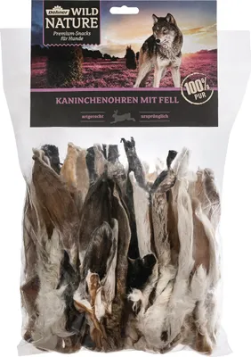 Produktbild von Dehner Wild Nature Hundesnack, Premium Hundeleckerli glutenfrei / zuckerfrei, Kausnack für ernährungssensible Hunde, Kaninchenohren mit Fell, 500 g