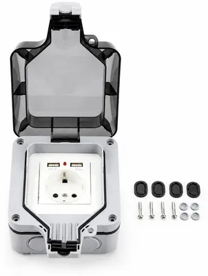 Produktbild von INF Wasserdichte Steckdose mit Abdeckung, mit 2 USB-Anschlüssen Grau