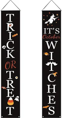 Produktbild von Halloween-Türschild, Süßigkeiten- oder Leckerli-Banner, hängende Dekoration für drinnen, gruseliges Halloween-Veranda-Pärchen-Design