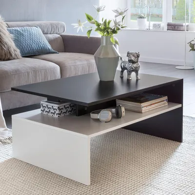 Produktbild von WOHNLING Wohnzimmertisch 90 x 43 x 60 cm mit Ablage Holz Schwarz / Weiß Wohnzimmer Couchtisch zweiteilig mit Stauraum Sofatisch eckig Kaffeetisch