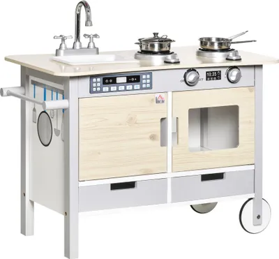 Produktbild von HOMCOM Küche Spielküche für Kinder mit vielen Funktionen Spüle Kochbank Schränke 5 Stück Küchenzubehör Küchenbesteck Naturholz+Grau MDF 70 x 40 x 66,5 cm