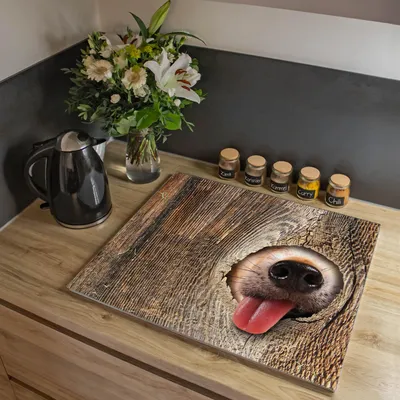 Produktbild von banjado Herdabdeckplatte einteilig 60x52cm groß mit Gummi Abstandshalter, ESG Sicherheitsglas mit Motiv Rumschnüffeln [HAP1 12785]
