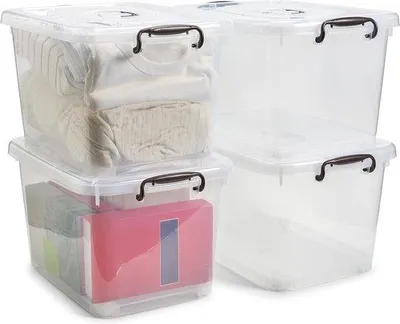 Produktbild von Plastik-Transportbox-Set - Durchsichtige, stapelbare Transportboxen mit Handgriff und Rädern - 20 x 14 x 11 Zoll - 4er-Pack.