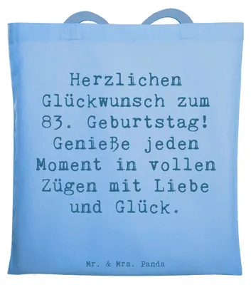 Produktbild von Mr. & Mrs. Panda Shopping Tasche Spruch 83. Geburtstag Liebe Glück - Sky Blue - Geschenk, Alter, Tote Bag, 83 Jahre alt werden, Happy Birthday, Laptoptasche, Schultasche