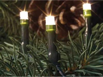 Close-up of warm white LED lights on a Christmas tree with pine needles and a pine cone.