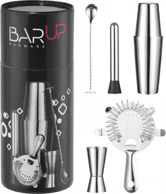Produktbild von Barkeeper-Set in einer Tube, Shaker, Messbecher, Sieb, Stößel, Löffel - silber
