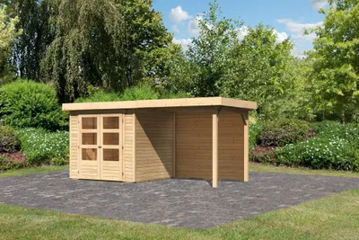 Produktbild von Karibu Gartenhaus Gerätehaus Askola 2 im Set mit Anbaudach 2,40 m Breite und 19 mm Rückwand naturbelassen 433x217x211 cm
