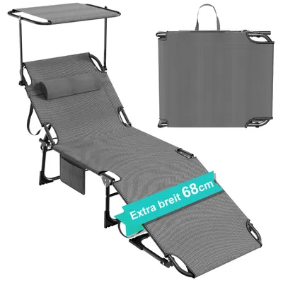 Produktbild von Sonnenliege klappbar mit Dach, Gartenliege, Liegestuhl mit Verstellbarer Rückenlehne & Kopfkissen, Campingliege für Strand, Pool & Garten, Schwarz
