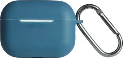 A blue silicone case for AirPods Pro 2 with a silver carabiner attached.