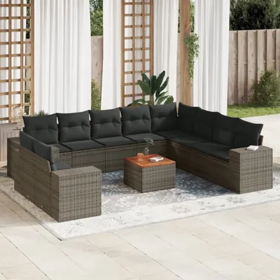 Produktbild von Design 11-tlg. Garten-Sofagarnitur mit Kissen Grau Poly Rattan, Gartenmöbel-Sets 2024 Neu