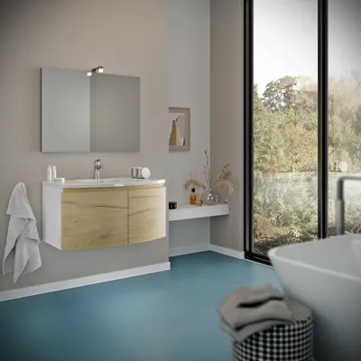 Immagine prodotto di Mobile lavabo bagno curvo 80 cm scocca bianco e ante rovere miele | Garda