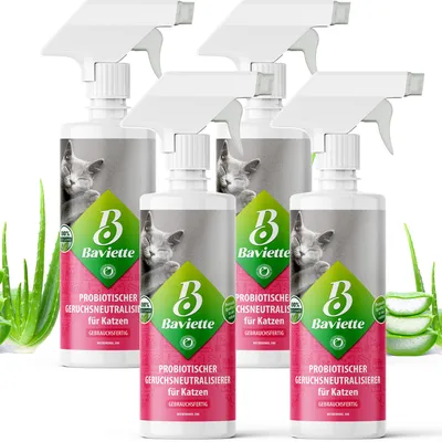 Zdjęcie produktu dla Baviette Środek do usuwania zapachów dla kotów, spray 4 x 500 ml – neutralizator zapachów z mikroorganizmami do kuwety, dywanów, mebli i samochodu