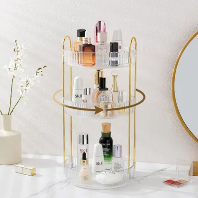 Produktbild von Drehbarer Make-up-Organizer für den Schminktisch, 3-stufiger Parfüm-Hautpflege-Organizer und Aufbewahrung für die Badezimmerarbeitsplatte