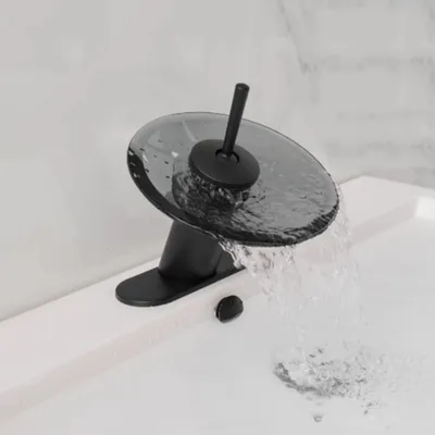 Produktbild von Modernes Wasserfall-Waschbeckenarmatur mit Glasplatte – Einhebelmischer für Warm- und Kaltwasser Schwarz Designer-Wasserhahn für Waschbecken 【LT-002】