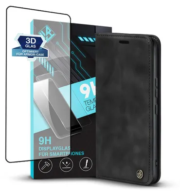 A black flip phone case and a screen protector are displayed against a white background.