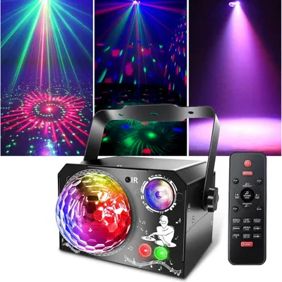 Produktbild von Discolicht 4 Multi-Effect-Light mit 65 Lichteffekten, RGB, UV, Stroboskop LED Discolicht Musiksteuerung, Fernbedienung, USB-Kabel