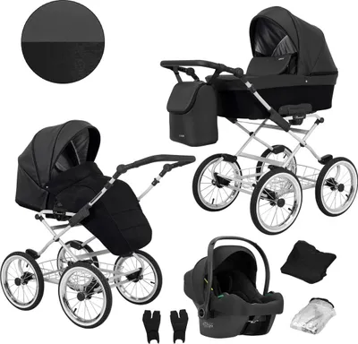 Produktbild von Kunert Romantic 3-in-1  Kinderwagen in Schwarz/Grau mit Cosmo Autositz und grauem Rahmen