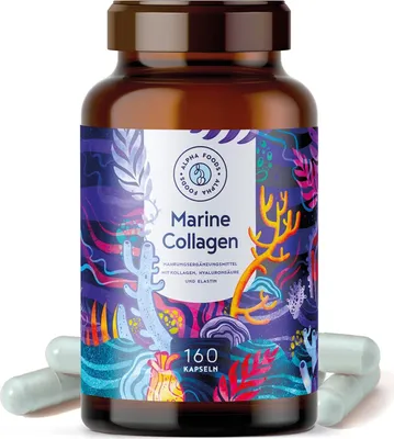 Produktbild von Marine Collagen mit Hyaluronsäure Kapseln | 160 Kapseln | Meeres Kollagen Hydrolysat & Marines Elastin mit Hyaluronsäure & Spirulina | Alpha Foods