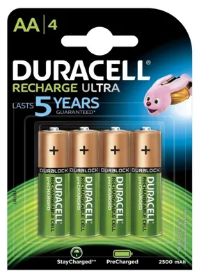 A retail package of Duracell Recharge Ultra AA batteries, featuring a pink bunny character.