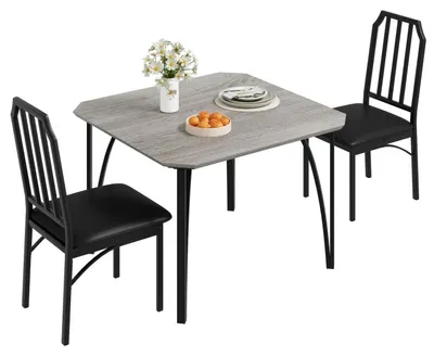 Image de Ensemble de salle à manger 3 pièces : table à manger avec 2 chaises rembourrées, en métal et MDF, de couleur grise