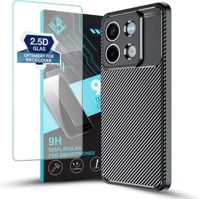 Produktbild von Handy Hülle für Xiaomi Redmi Note 13 5G mit 9H Displayglas Displayschutz Plus Carbon Look Cover Case Schutzhülle Farbe: Schwarz