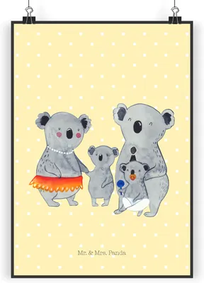Produktbild von Mr. & Mrs. Panda Bild Koala Familie DIN A3 - Gelb Pastell - Geschenk, Kinder, Koalas, drucke, Wandbild, Plakat, Kunstdruck, Mama, wanddeko, Muttertag, Family