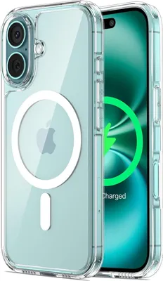 A clear protective case for an iPhone is shown, with the phone inside displaying a charging animation.