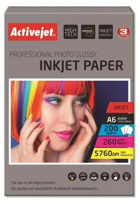 Zdjęcie produktu dla Activejet Papier fotograficzny AP6-260GR200 (A6; 200 szt.), Połysk, 260 g/m², Atramentowa, A6, Biały, Żywica
