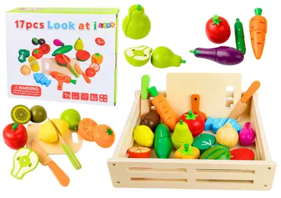 Image de Fruits et légumes en bois aimantés, présentés dans une boîte, pour la cuisine de jeu