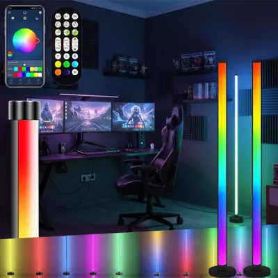 Zdjęcie produktu dla 2 sztuki 120 cm lampy podłogowej LED RGB z 16 milionami kolorów, aplikacją Bluetooth i pilotem, trybami dynamicznymi i muzycznymi do salonu, sypialni, na imprezę