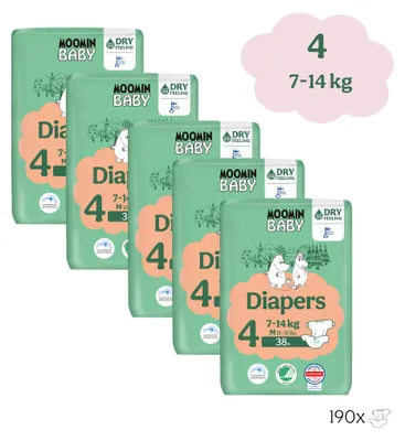 Produktbild von Moomin Baby Öko-Windeln – Größe 4 (7 bis 14 kg) – Monatspackung mit 190 Stück