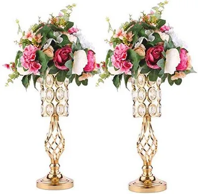 Produktbild von Metallische Kristallvase Set von 2 - Goldene Trompetenvasen für Tischdekoration