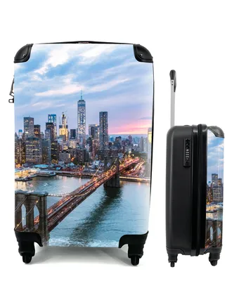 Produktbild von MuchoWow® Koffer Handgepäck Trolley Rollkoffer Kleine Reisekoffer mit 4 Rollen - New Yorker Skyline an der Brooklyn Bridge - Cabin Size < 55x40x23 cm & 55x40x20 cm - Fotokoffer - Kabinenkoffer - Boardgepäck - Reise-Box - Reisekoffer - Reisegepäck - Koffer mit Bild - Trolley für Kinder