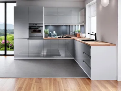 Produktbild von Winkelküche 300x210 cm Eckküche Küchenblock Einbauküche ohne Arbeitsplatte, Aspen K31- M300, Grau/Hochglanz