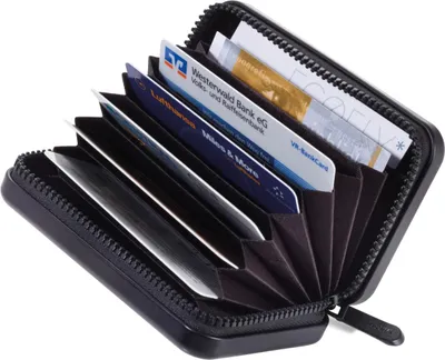 A black cardholder with multiple cards inserted.