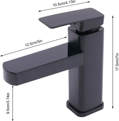 A black bathroom faucet with dimensions indicated by measurement lines and text.