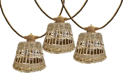 Image de Guirlande lumineuse extérieur raccordable 10 abat-jour naturels en rotin SAMOA LIGHT HYBRID LED blanc chaud 8m solaire et sur secteur
