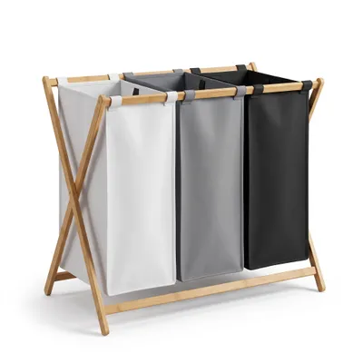 Produktbild von hausleben Wäschekorb aus Bambus – 3-Fach Wäschesammler 40 L | Mit einzeln abnehmbaren Wäschesäcken | Stabiler Bambusrahmen & Deckel | Perfekt für Badezimmer, Schlafzimmer & Haushalt, KI-generiertes Bild
